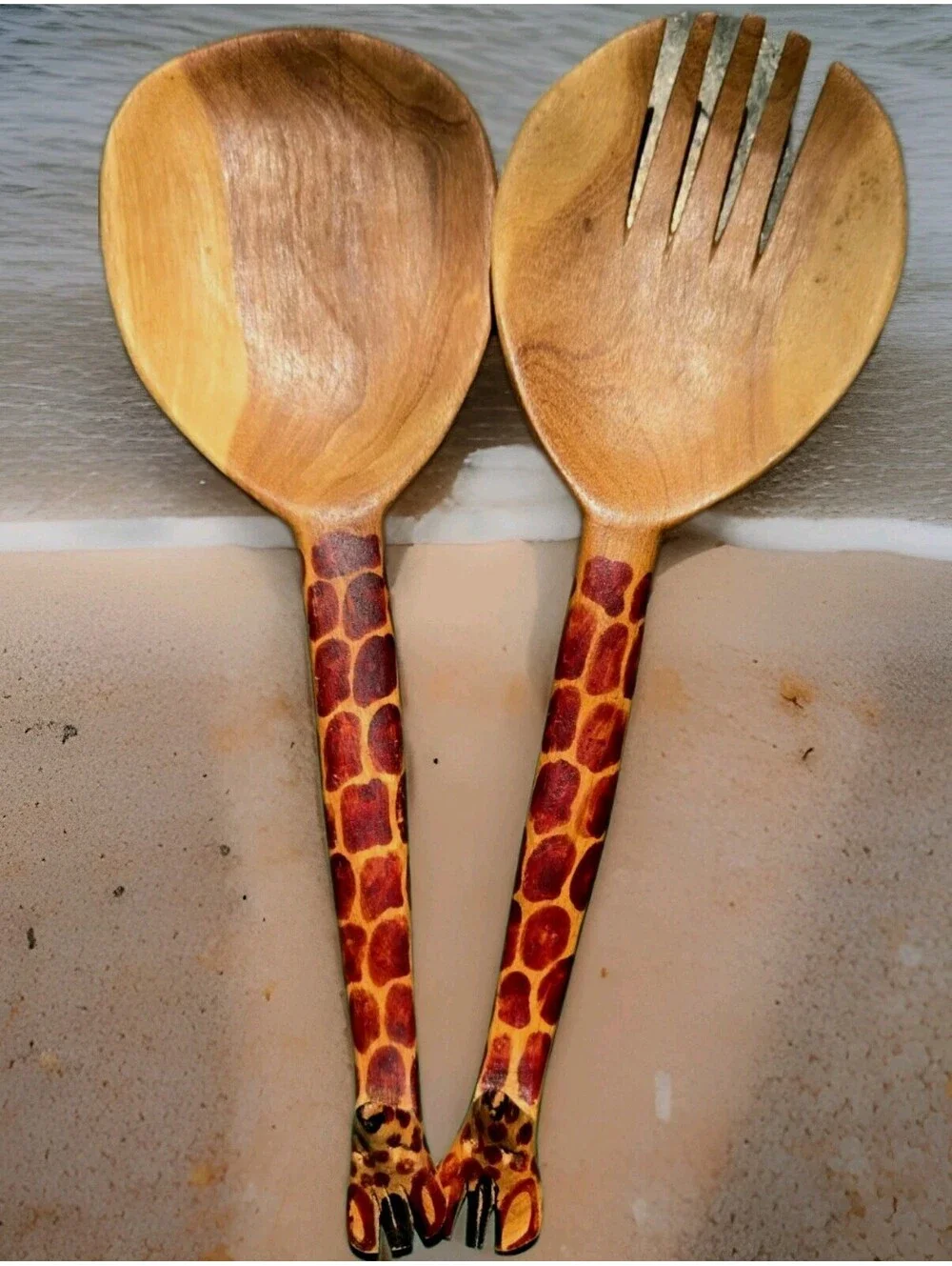 Hand Carved Wood Giraffe Salad Spoon & Fork Utensil Set